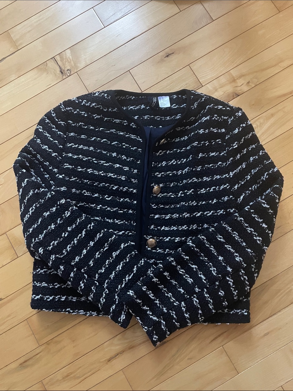 H&M Black & White Textured Cropped Tweed Jacket